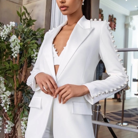 NADINE MERABI Jackets & Blazers - NADINE MERABI Charlotte White Embellished Blazer